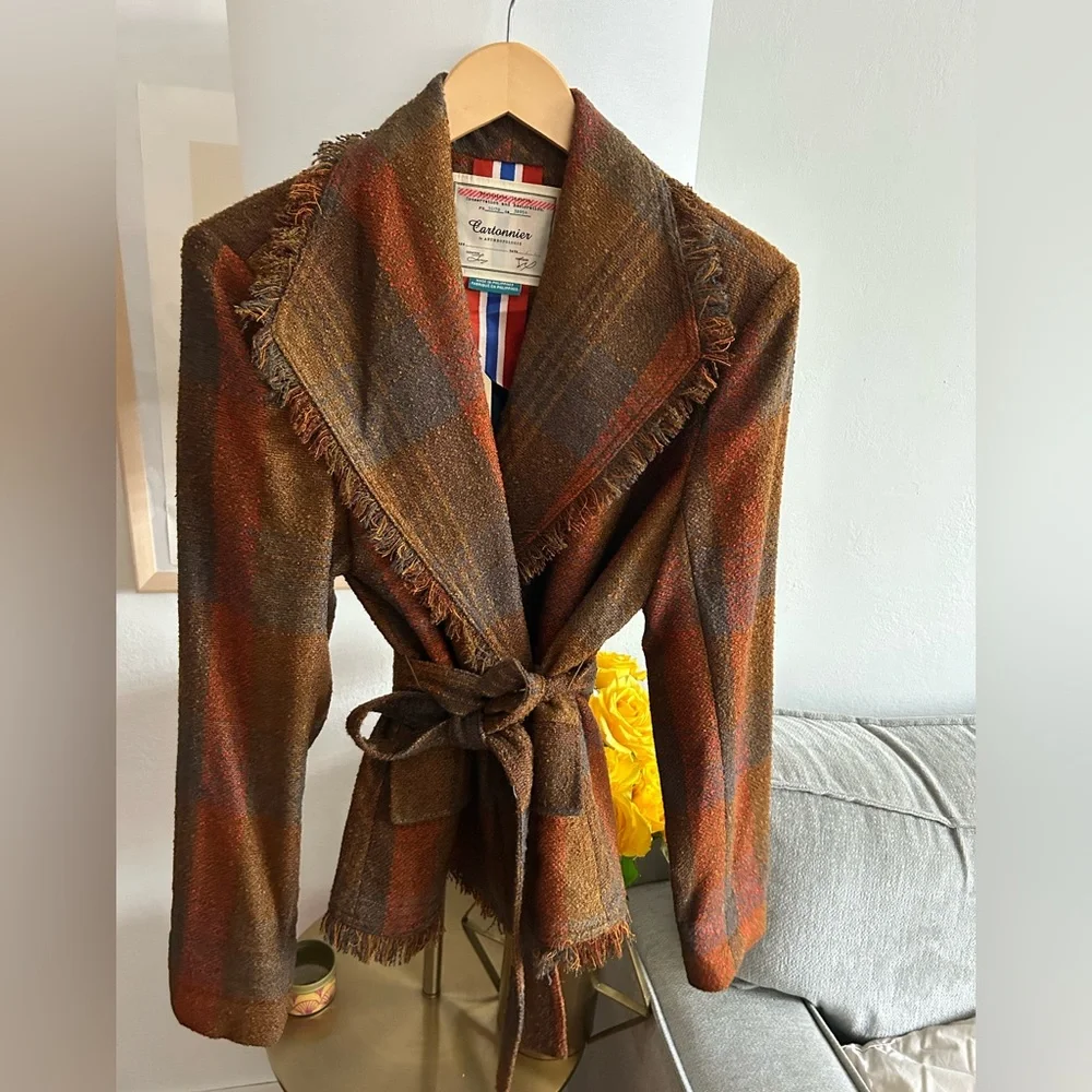 Anthropologie Cartonnier Plaid Preppy Brown Academia Fringed Tweed Blazer 14 - Picture 13 of 15
